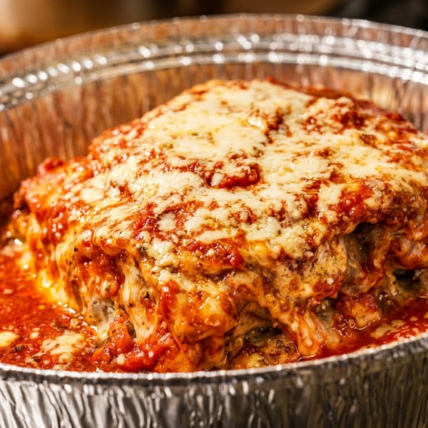 Cheesy lasagna with rich red sauce in a silver foil takeout container.