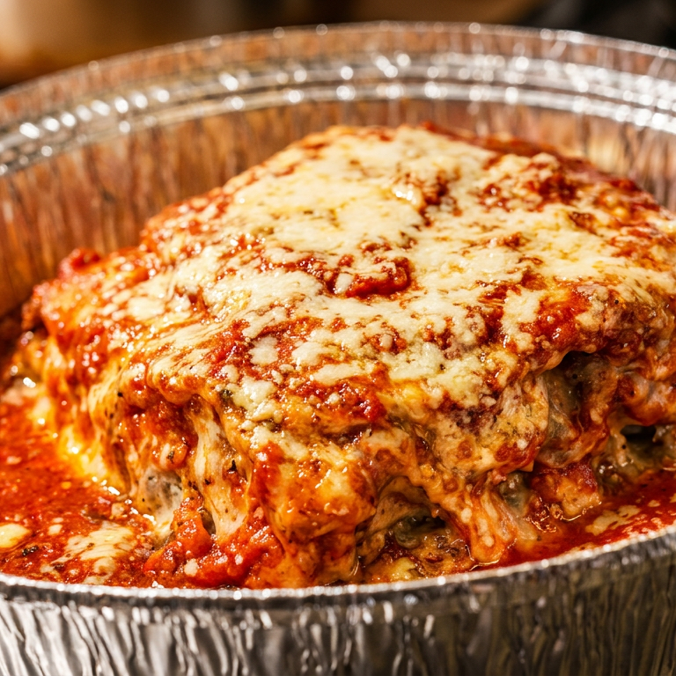 Cheesy lasagna with rich red sauce in a silver foil takeout container.