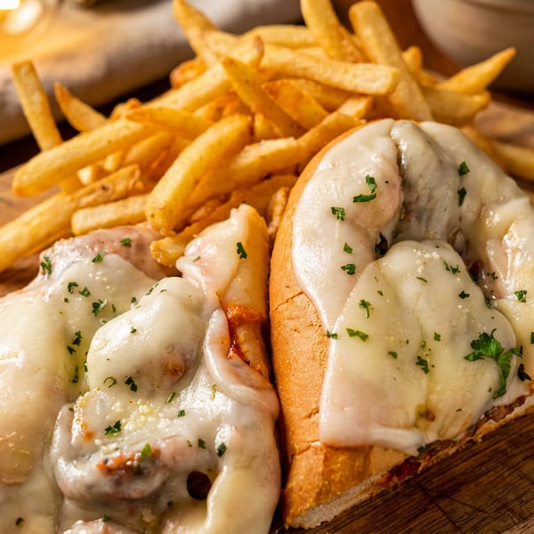 Two cheesy sandwiches with fries on a wooden board, garnished with parsley.
