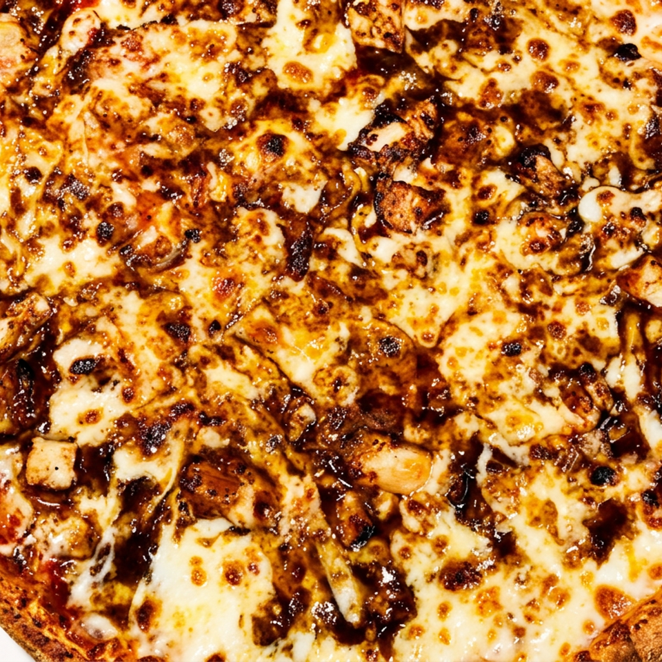 Close-up overhead view of a whole BBQ chicken pizza with melted cheese and dark sauce.