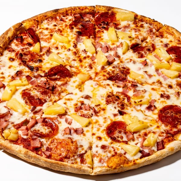 A whole pepperoni, ham, and pineapple pizza with melted cheese on a white background.